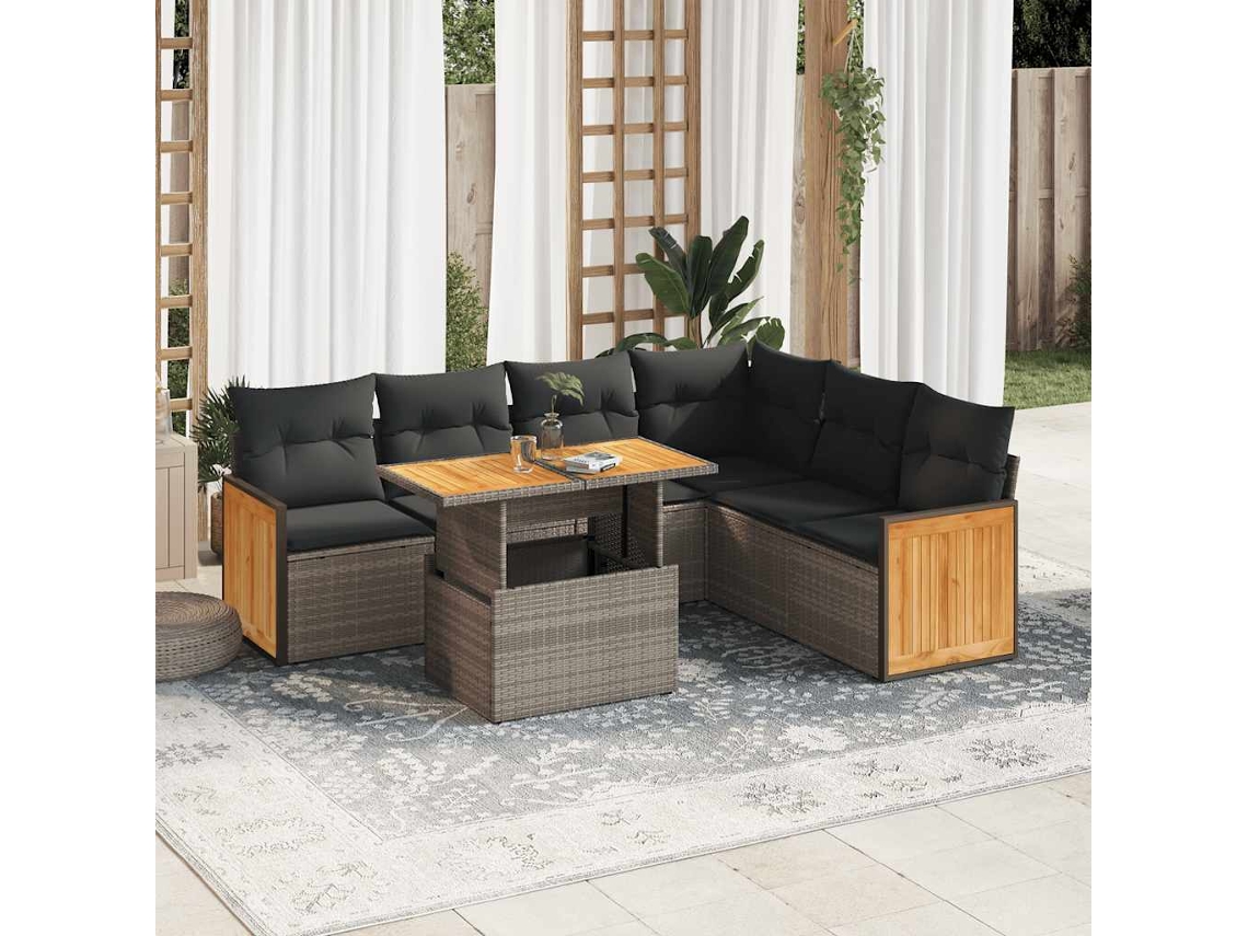 Vidaxl 7 Pcs Conjunto Sofás Jardim Almofadões Vime Pe/acácia Cinzento