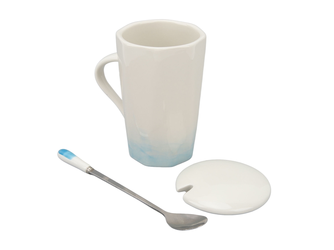 Caneca Cerâmica 400ml Estilo Pintura de Tinta com Colher e Tampa Ciano