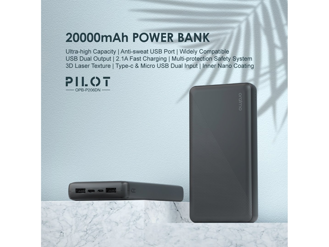 Oraimo Pilot 20000mAh Power Bank com carregamento rápido 2.1A, 2 USB, Preto | S/MARCA