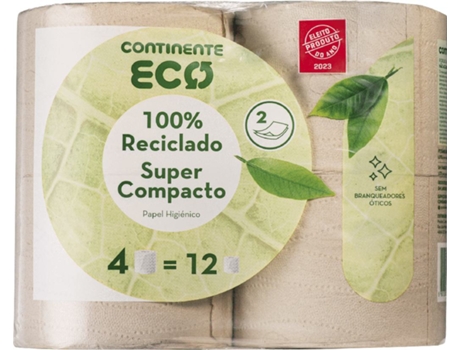 Papel Higiénico 100% Reciclado Compacto CONTINENTE ECO 4 rolos = 12 rolos