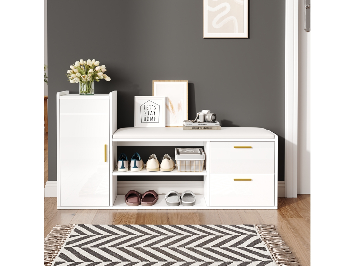 Sapateira Banco Brilho Estofado Branco 2 Gavetas 128cm VELTRIX