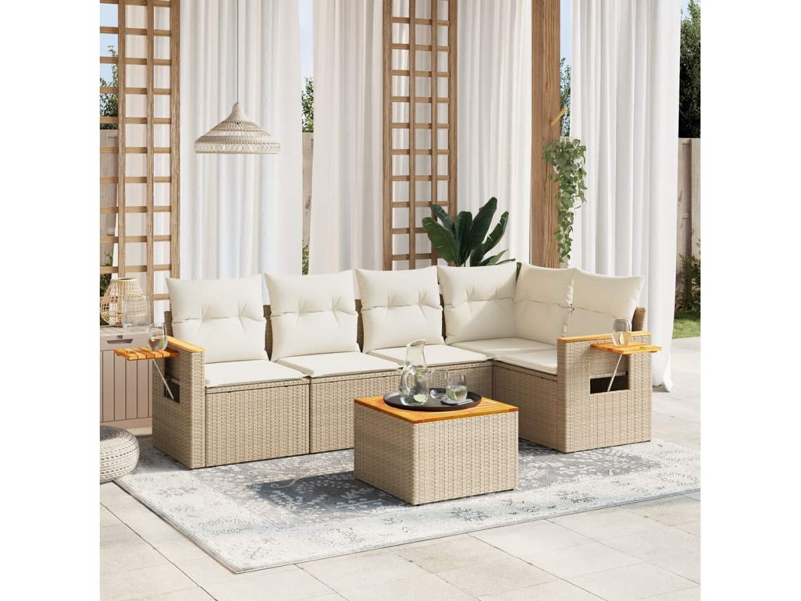 Vidaxl 6 Pcs Conjunto De Sofás P/ Jardim Com Almofadões Vime Pe Bege