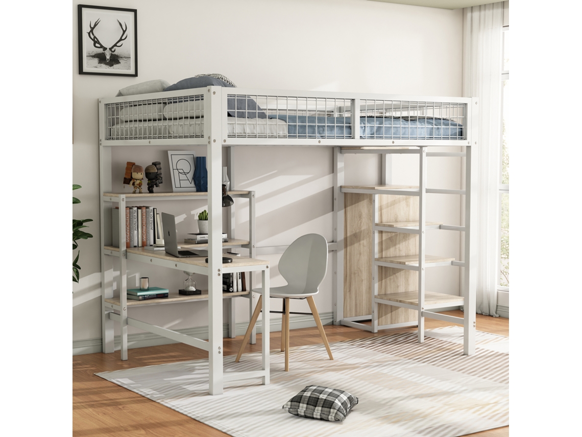 Cama Mezanino Ferro Branca 140x200cm, Escada, Prateleiras, Guarda-roupa, Mesa.-op