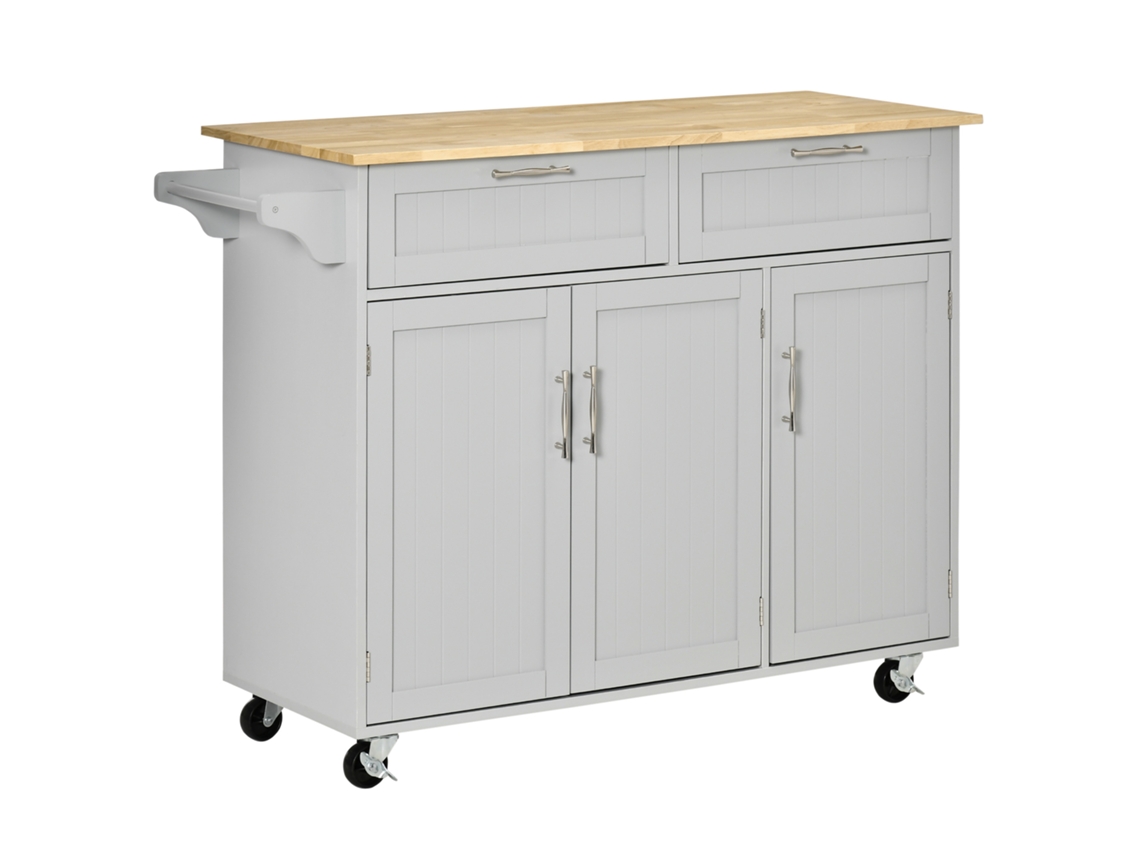 Carrinho de Cozinha com Rodas, 2 Gavetas e 3 Portas BTFORUS (121x46x91cm) Cinza e Madeira