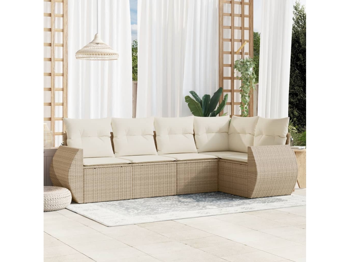 Vidaxl 5 Pcs Conjunto De Sofás P/ Jardim Com Almofadões Vime Pe Bege