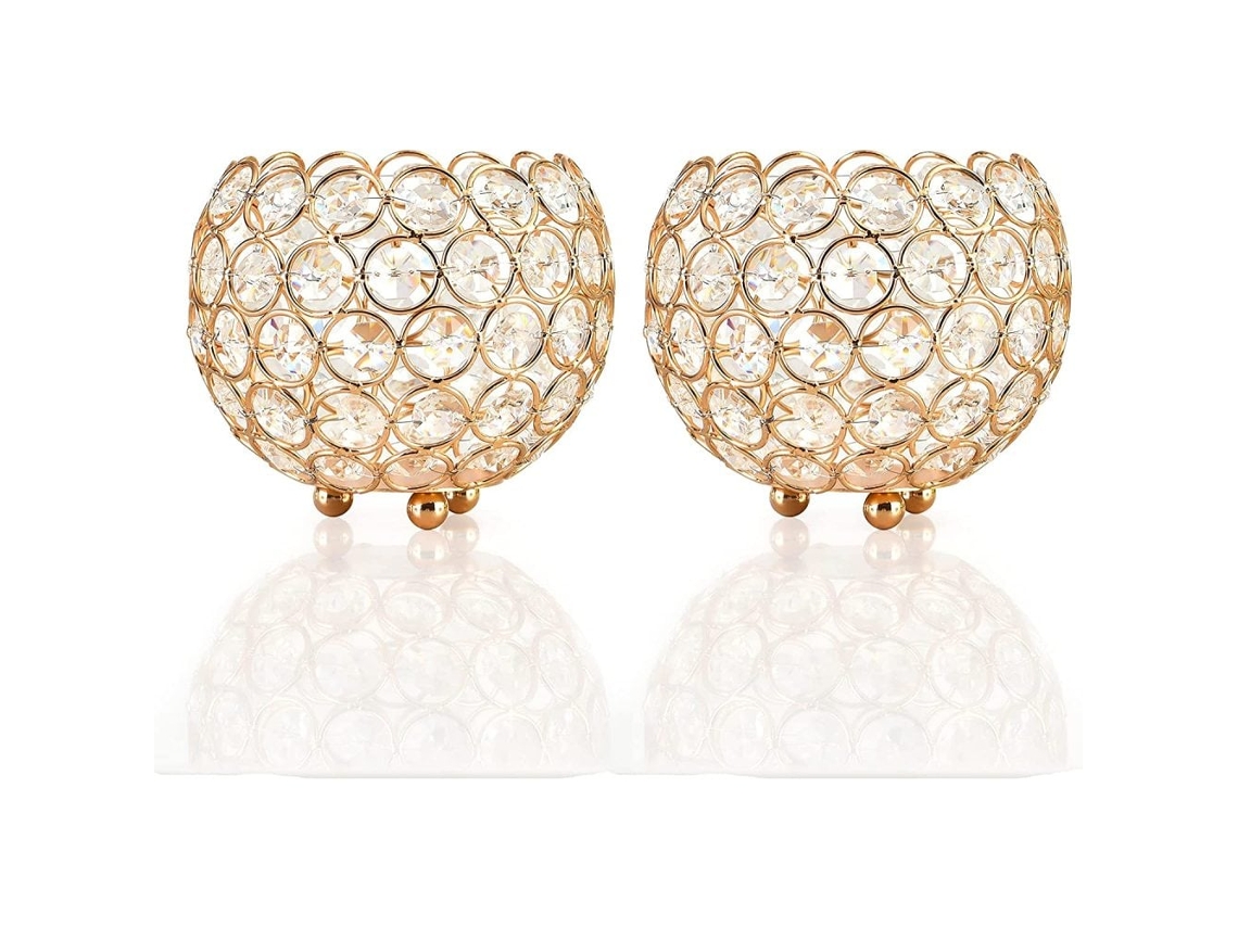 Luxuosos Castiçais Em Formato De Tigela De Cristal Dourado (conjunto De 2 Peças, 10 Cm De Diâmetro) Para Cera De Chá E Cera De Haste Longa.