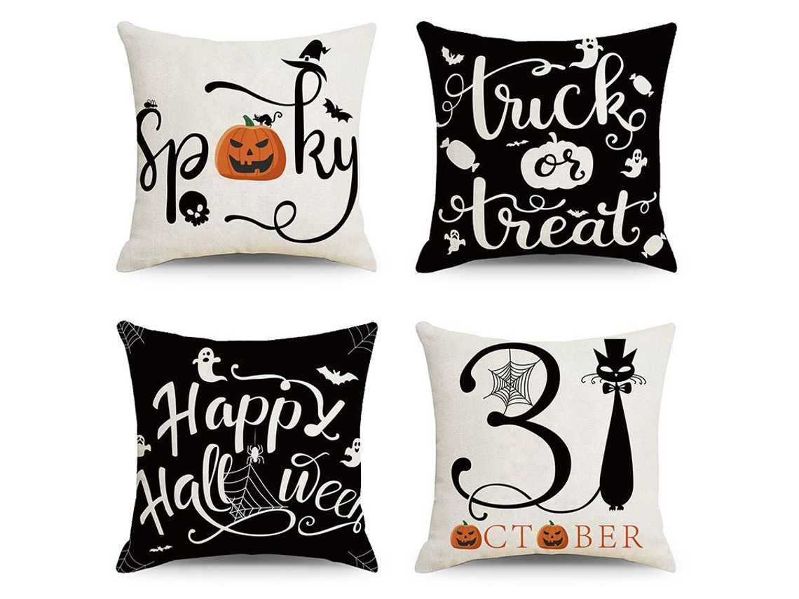 Conjunto de 4 capas de travesseiro decorativas de Halloween 45x45cm algodão e linho | S/MARCA