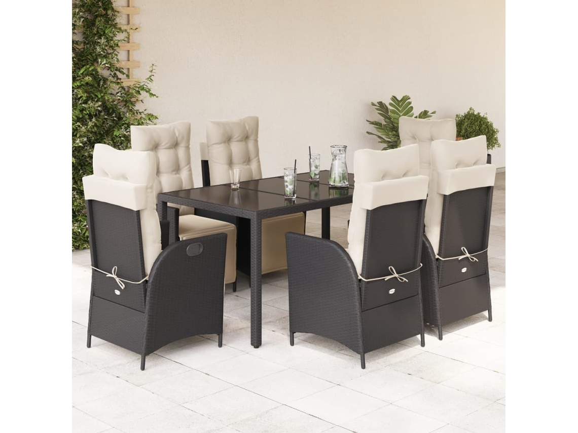 Vidaxl 7 Pcs Conjunto De Jantar P/ Jardim C/ Almofadões Vime Pe Preto