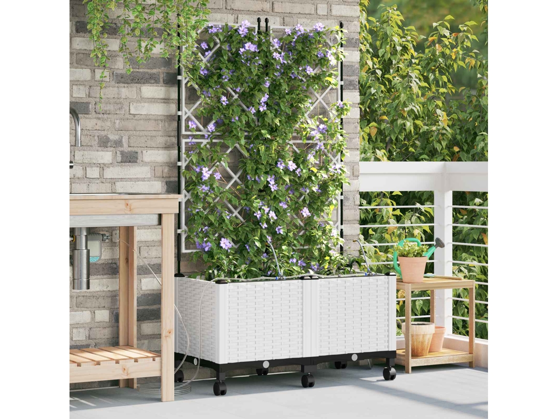 Vidaxl Jardineira Com Irrigação E Rodas 2 Unid. Branco Pp