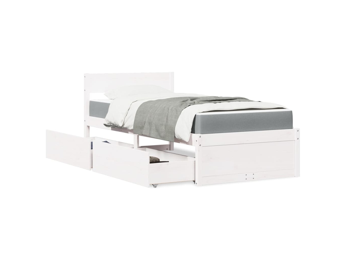 Vidaxl Cama Com Gavetas E Colchão 90x200 Cm Pinho Maciço Branco