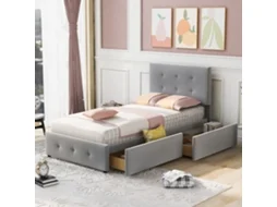 Cama Polster 90x200cm Prateleira Encosto Ajustável 2 Gavetas Cinza Samit
