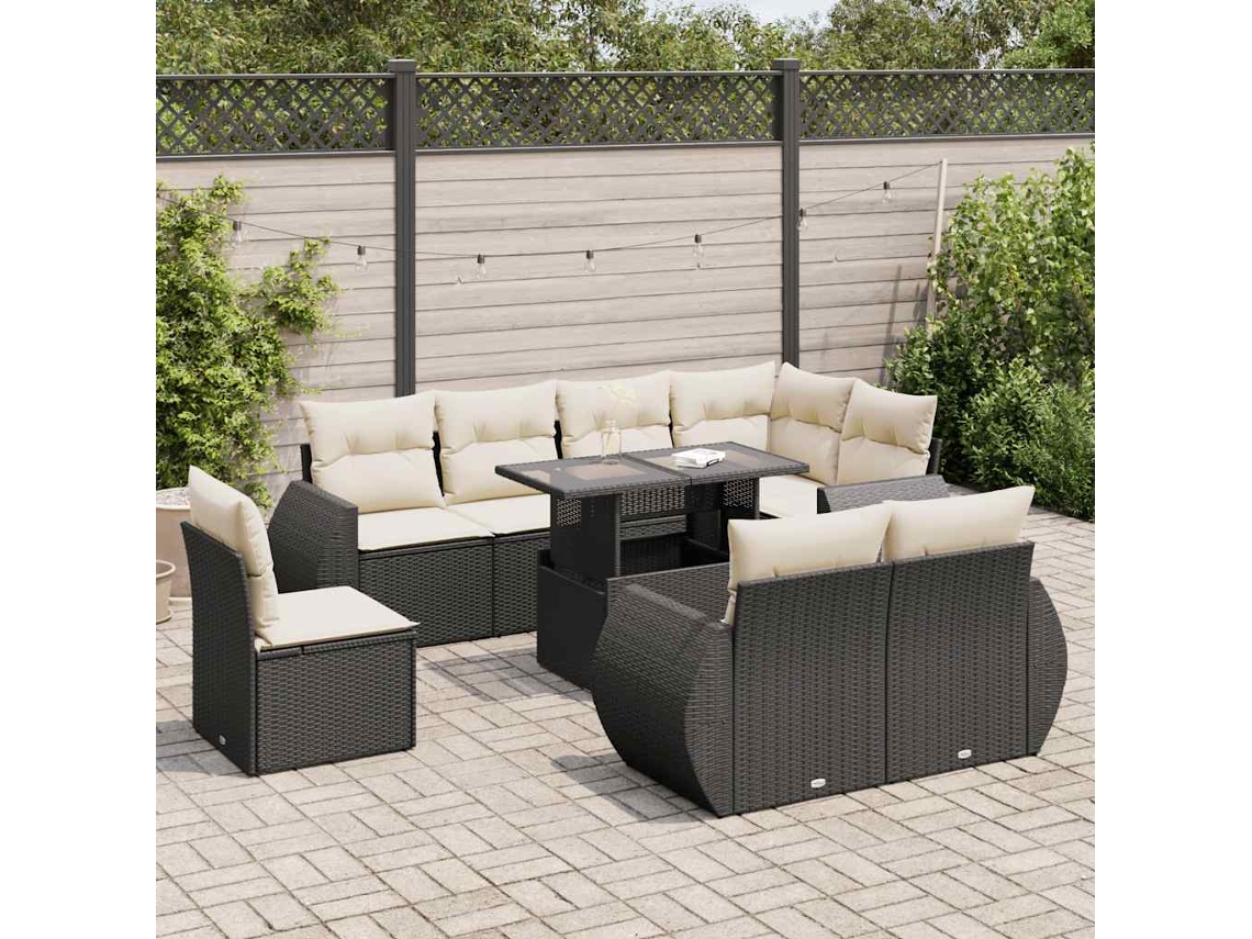 Vidaxl 9 Pcs Conjunto De Sofás P/ Jardim C/ Almofadões Vime Pe Preto