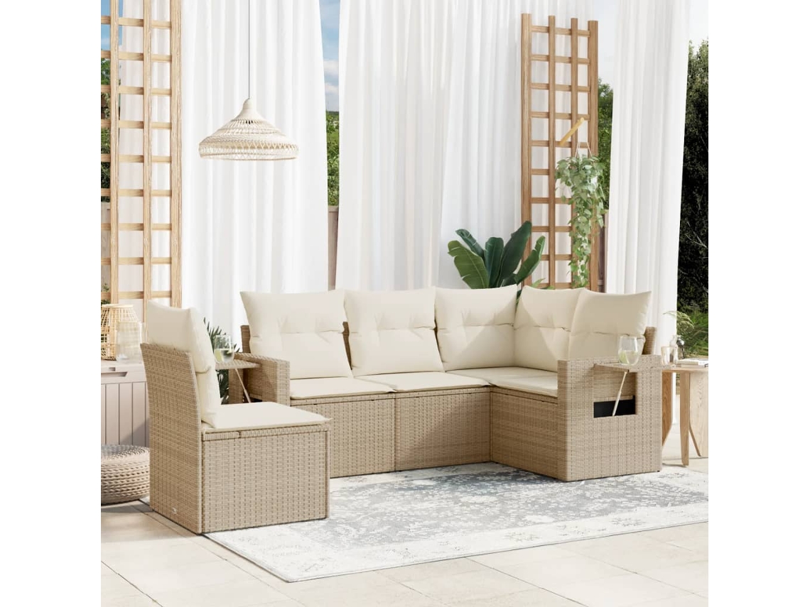Conjunto de 5 Sofás para Jardim com Almofadas Vime Pe Bege Dkd Home Decor