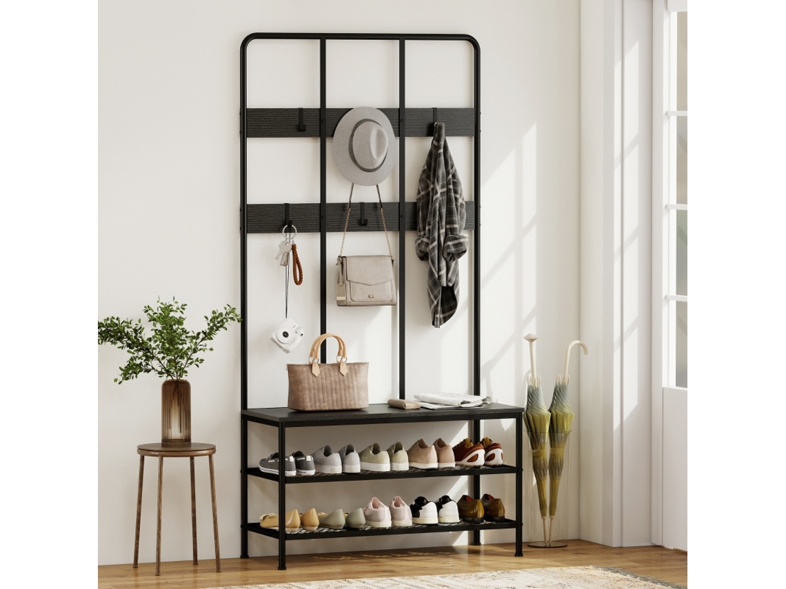 3-em-1 Guarda-roupa De Pé, Ganchos Para Roupas, Banco De Assento, Prateleira Para Sapatos, Metal, Painel De Partículas, Preto