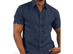 Camisa Casual Masculina De Algodão E Linho Com Listras Manga Curta Para Verão/primavera Estilo Diário Azul Escuro