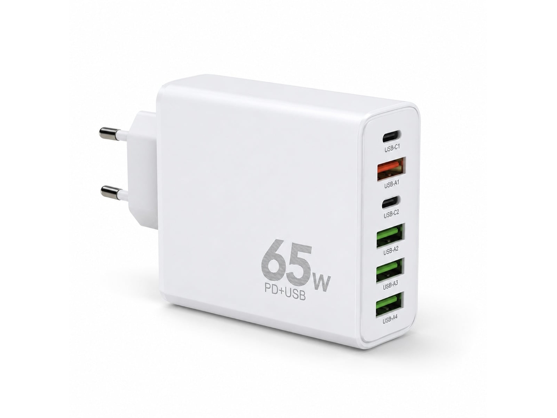 Carregador KLACK Multiporto 65w com 2 Usb c e 4 Usb a, Ficha Europeia, Carga Rápida