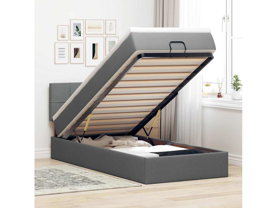 Vidaxl Cama Otomana Com Colchão Leds 90x200cm Tecido Cinzento Escuro