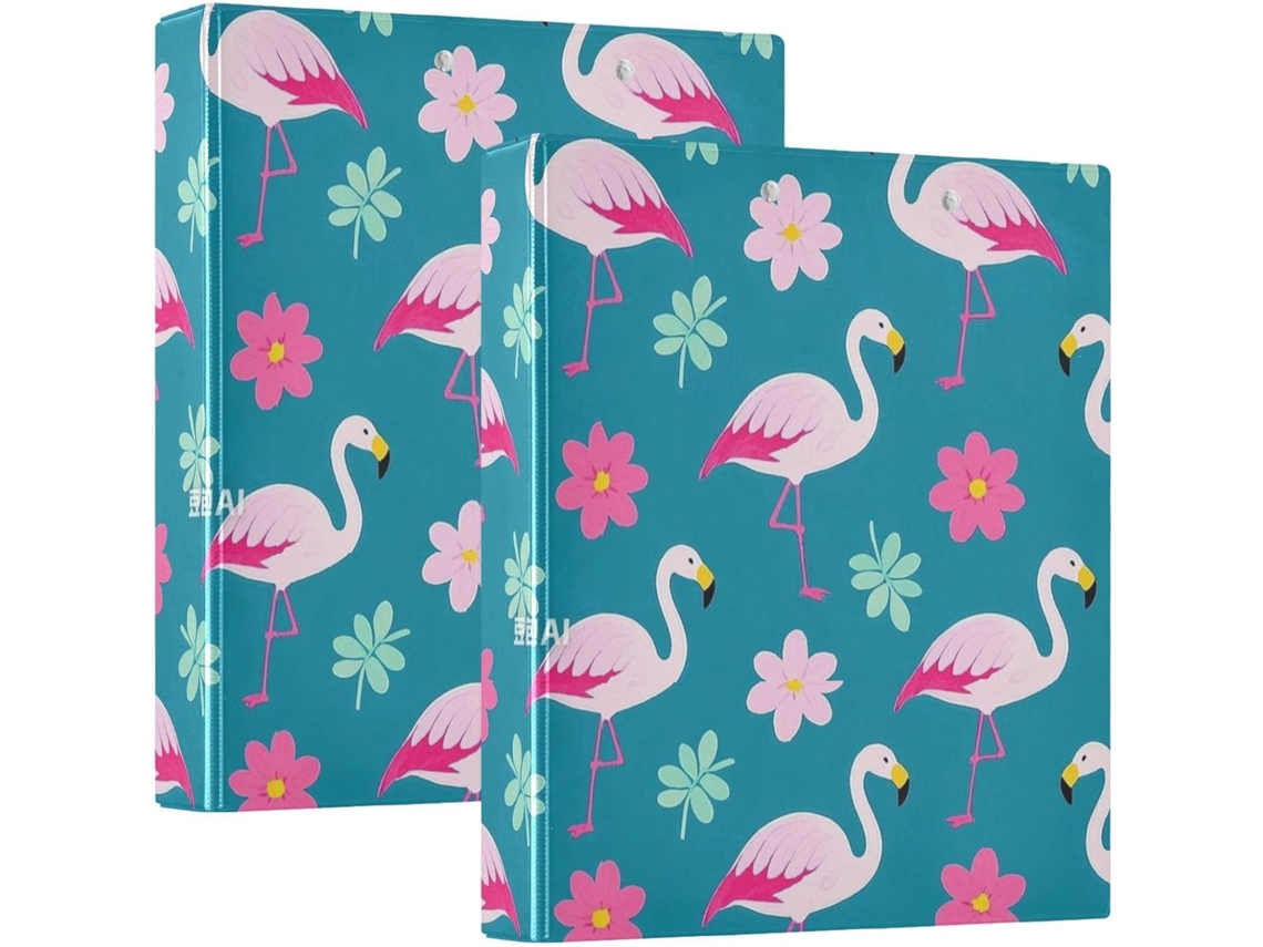 Pasta Fichário Com Elegante Estampa Flamingo Em Tons Pêssego E Azul Gasolina 3,8cm 1,5 Polegadas, 3 Argolas
