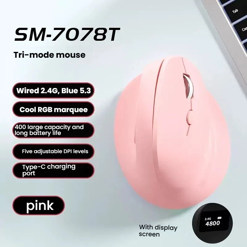 (rosa) Mouse Vertical Sem Fio Tri-modo Com Tela E Dpi Ajustável Até 4800.