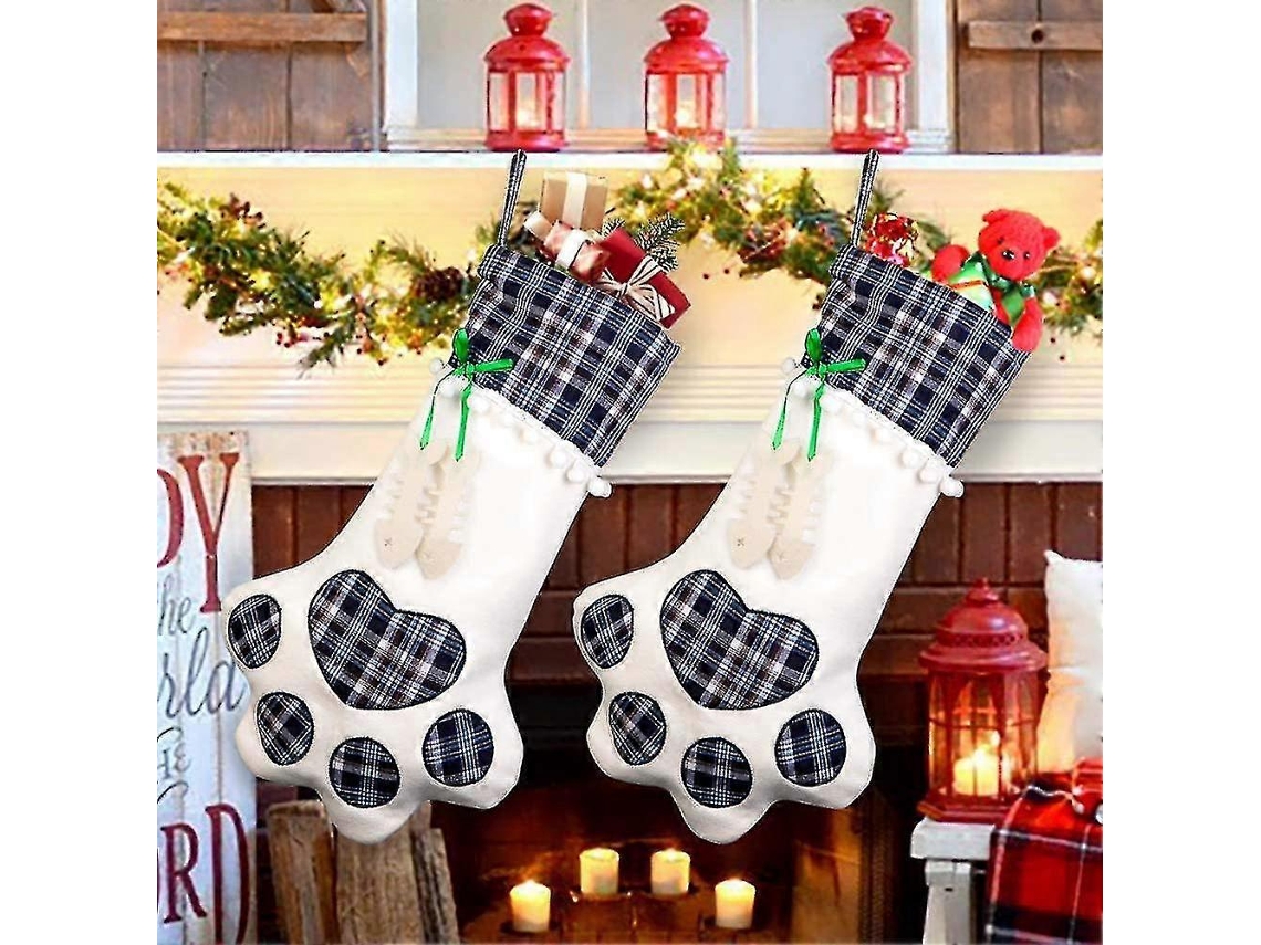 Meias De Natal Heilwiy Para Gatos. Meia De Natal Com Estampa De Patinhas De Animais De Estimação Xadrez Azul Heilwiy. Loja Olysi