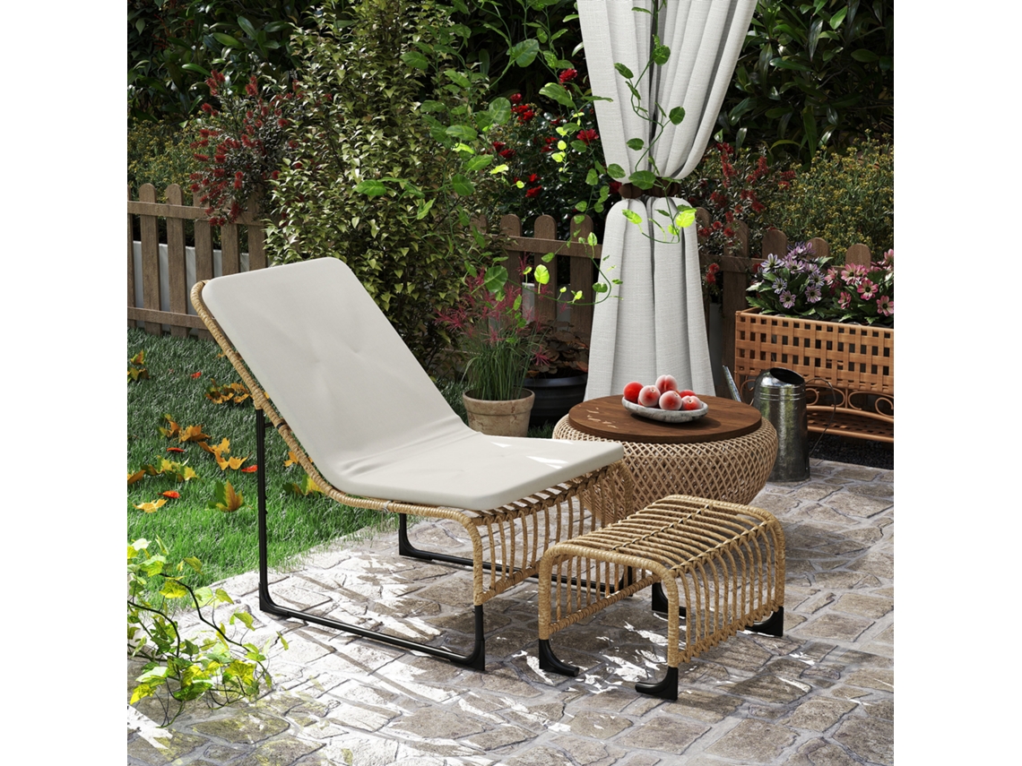 Conjunto de Poltrona Jardim C/apoio Pés Vime Sintético Exterior C/almofada Acolchoada e Estrutura Aço 65x93x80 Cm Madeira e Bege