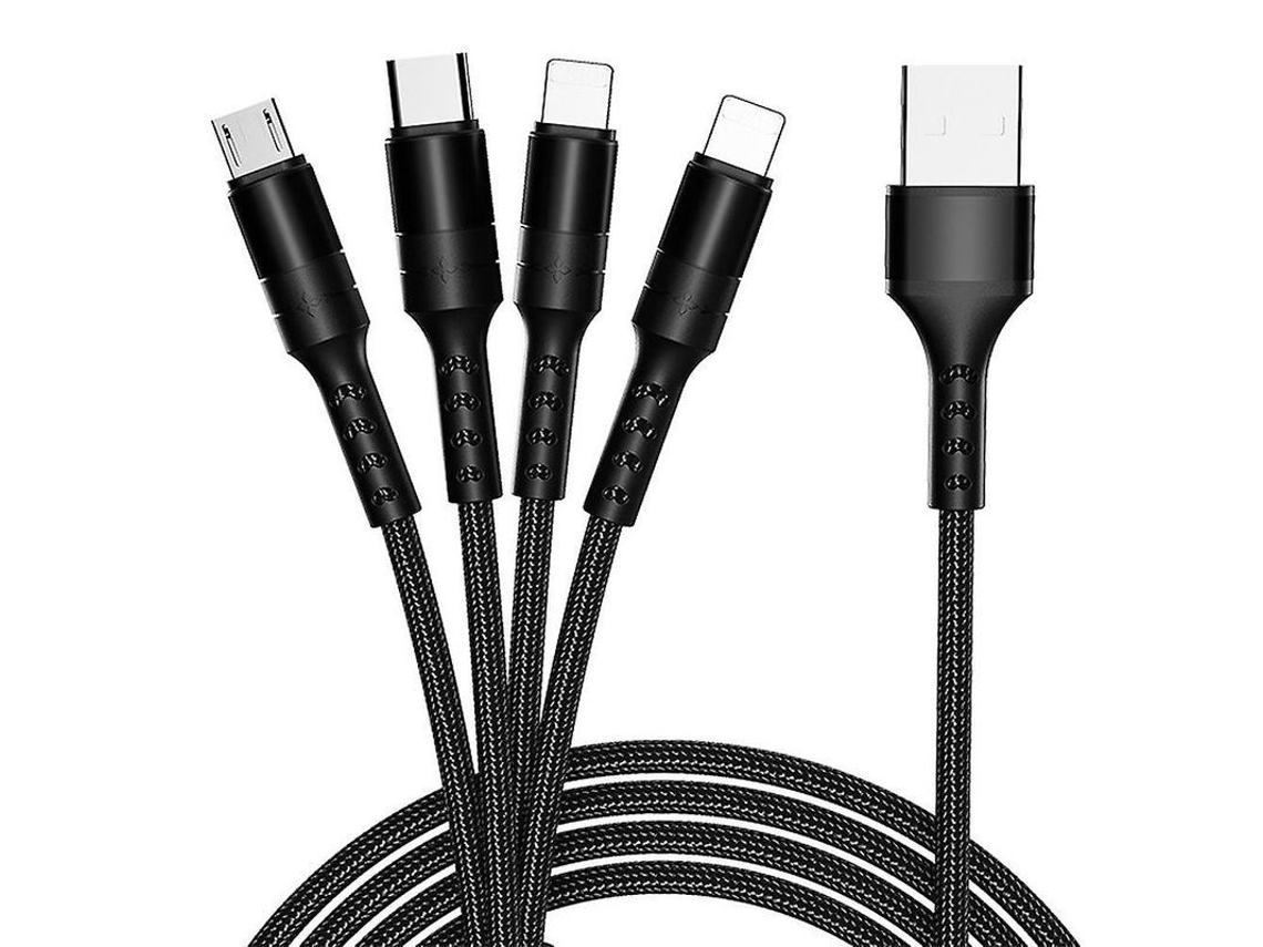 Cabo de Carregamento Múltiplo 4 em 1, Nylon Trançado, com USB, Type C, Micro Usb, para Celulares e Tablets