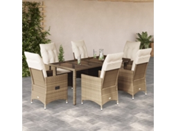 7 Pcs Conjunto De Jantar P/ Jardim Com Almofadões Vime Pe Bege Dkd Home Decor