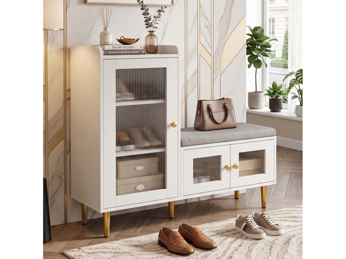 Lazyspace Sapateira De Entrada 100x35x90 Cm Com Banco Estofado E Portas De Vidro Canelado - Branco E Dourado