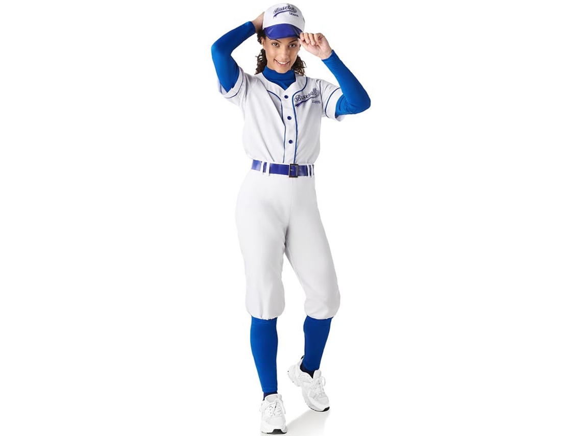 Fato de jogador de beisebol branco e azul para mulher