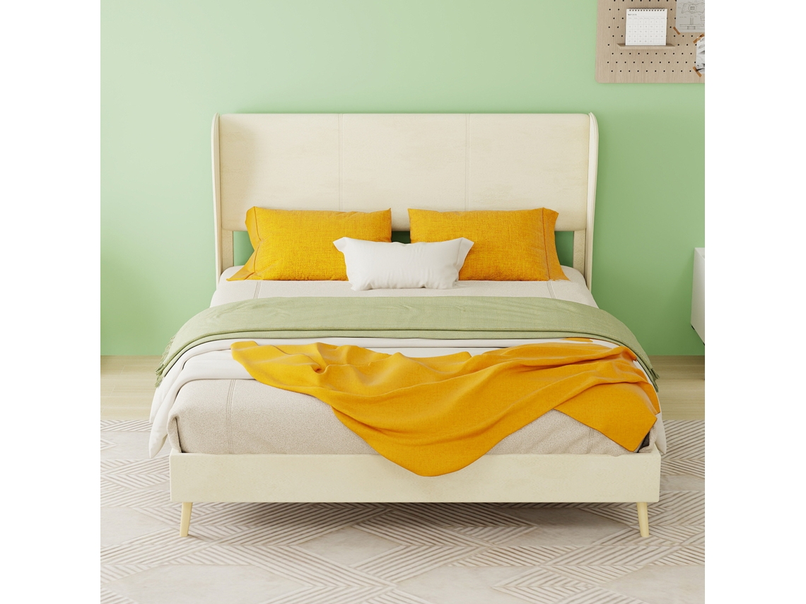 Cama Minimalista Estofada Bege 140x200 Cm Com Cabeceira Macia, Base Baixa Sem Arrumação, Sem Elevação Hidráulica (sem Colchão).