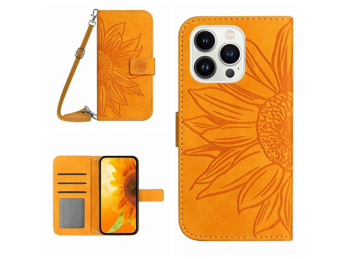 Capa De Couro Com Estampa De Girassol E Alça De Ombro Para Iphone 16 Pro