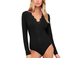 Body de malha com decote em V, manga comprida, renda, monocromático e elegante com botões, modelo 2026, ideal para festas e ocasiões especiais.