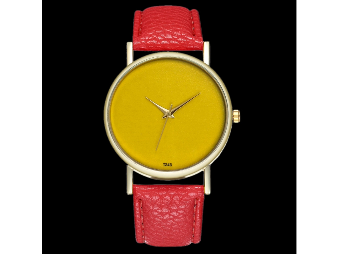 Relógio de pulso de quartzo moderno com pulseira de couro para mulheres e homens, vermelho.
