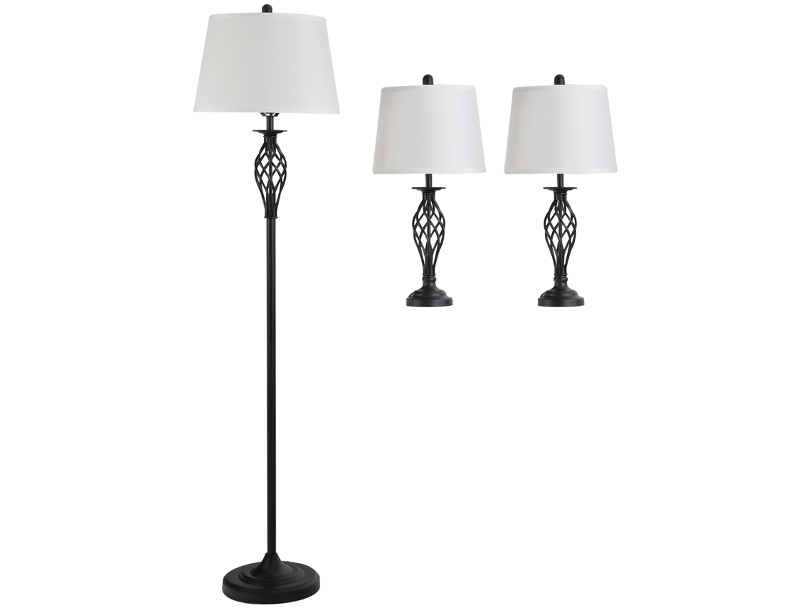 Conjunto De 3 Luminárias: 2 Abajures De Mesa Ø38x158 Cm + 1 De Pé Ø30x62 Cm, Estilo Vintage Preto E Branco