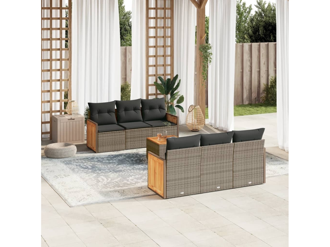 7 Pcs Conjunto Sofás P/ Jardim C/ Almofadões Vime Pe Cinza Dkd Home Decor