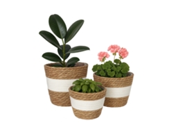Relaxdays Vaso De Flores, Conjunto De 3, Em Junco, Vasos Forrados, 3 Tamanhos, Estilo Boho, Redondos, Branco/castanho