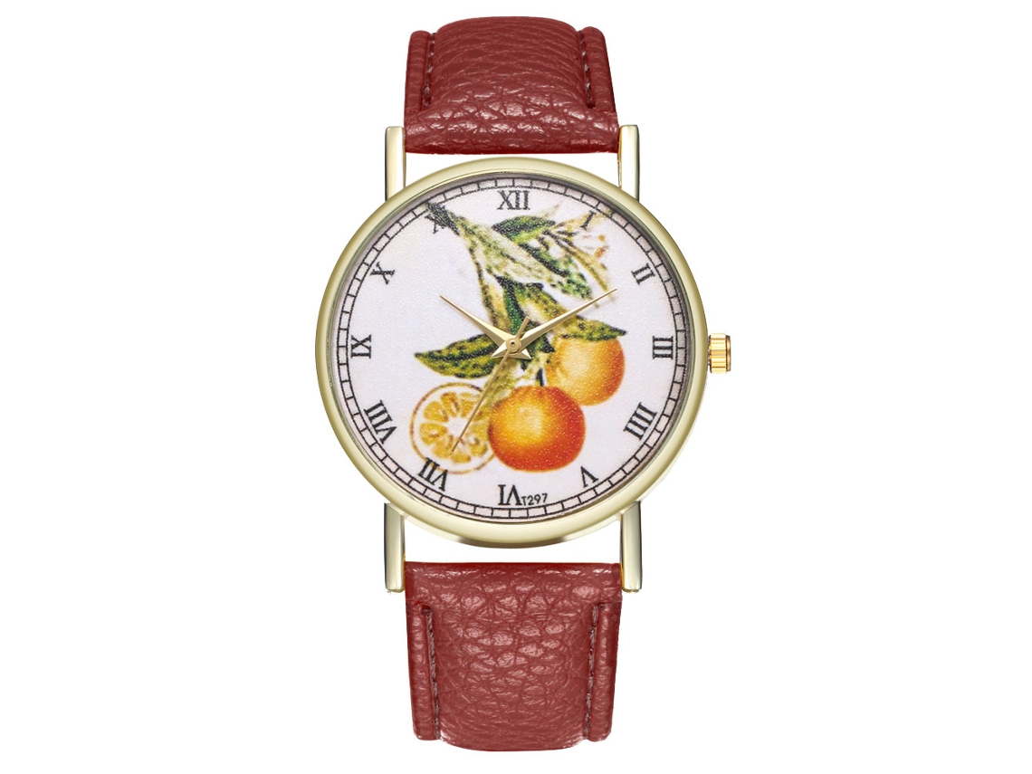 Relógio casual moderno para homens e mulheres, com design de frutas e pulseira de couro marrom.