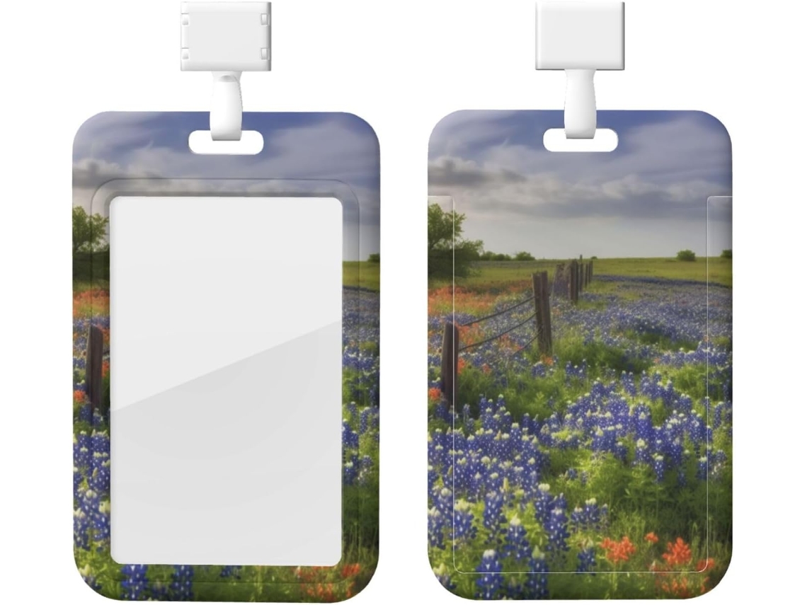 Porta-cartão de identificação impermeável de plástico com cordão, estampa Bluebonnets Do Texas, modelo vertical.