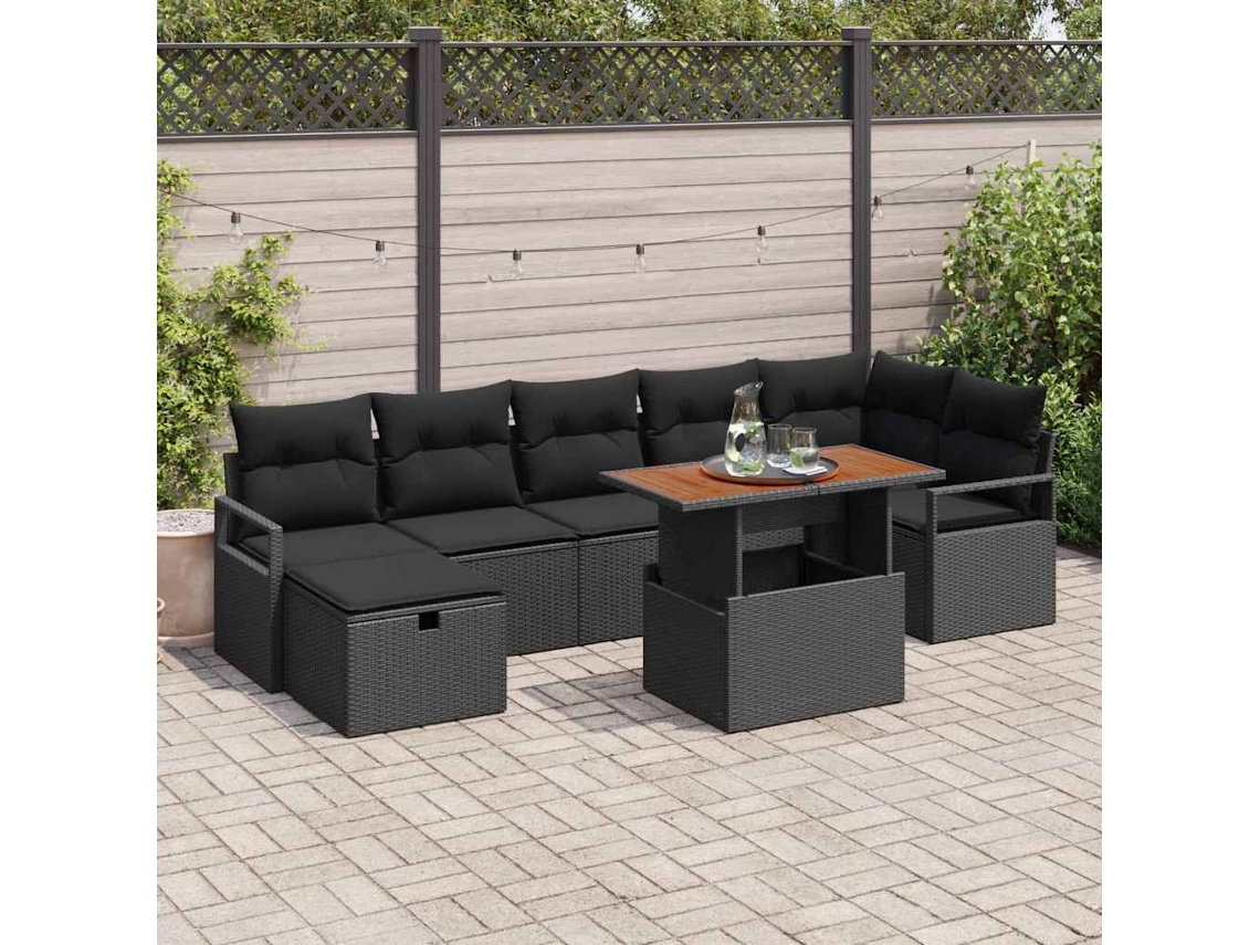 Vidaxl Conjunto De Sofá De Jardim Com Almofada 8 Pcs Preto Vime Pe