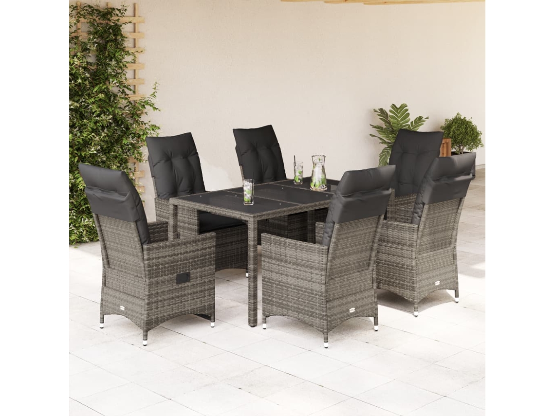 7 Pcs Jogo De Jantar P/ Jardim C/ Almofadões Vime Pe Cinza Dkd Home Decor
