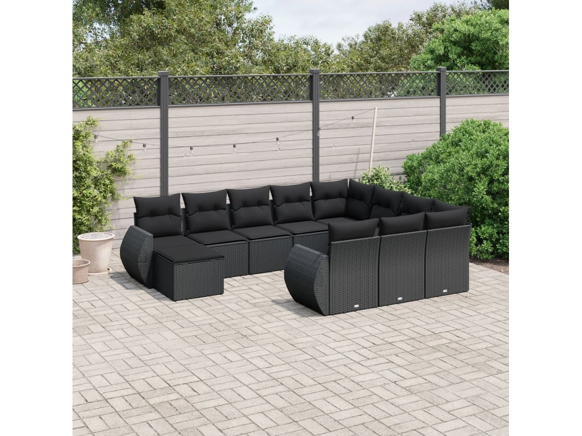 Vidaxl 11 Pcs Conjunto Sofás De Jardim C/ Almofadões Vime Pe Preto