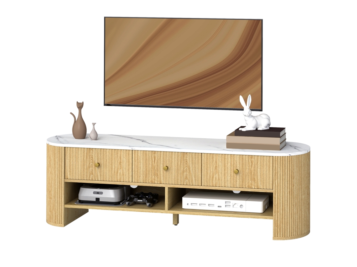 140 Cm, Suporte De Tv Natural, Com Efeito Mármore De 3 Gavetas Frontais E De 65 Polegadas