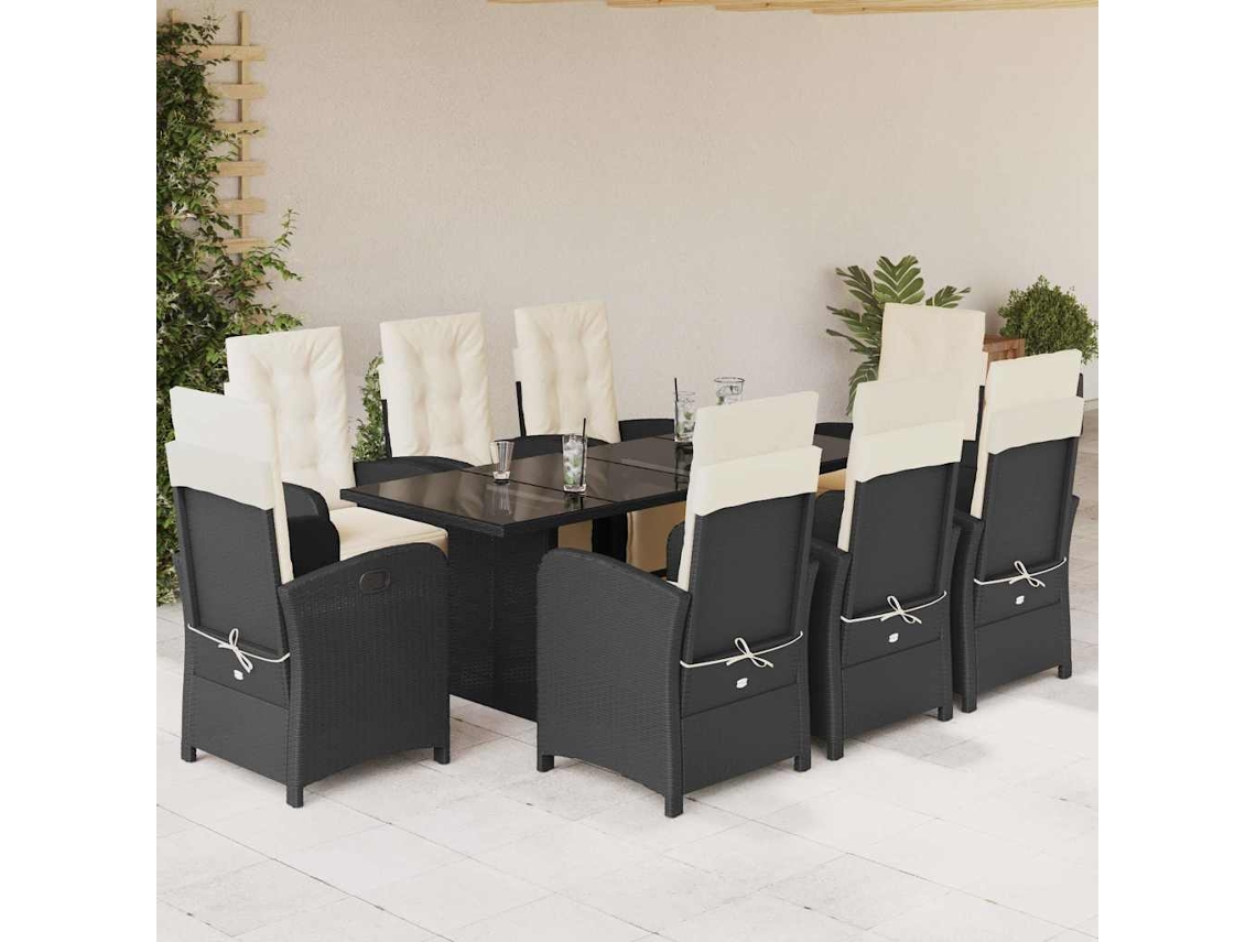 Vidaxl 9 Pcs Conjunto De Jantar P/ Jardim C/ Almofadões Vime Pe Preto