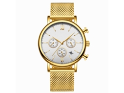 Relógio de pulso masculino Biden ultrafino à prova d'água com mecanismo de quartzo e pulseira de malha (mostrador branco, pulseira dourada)