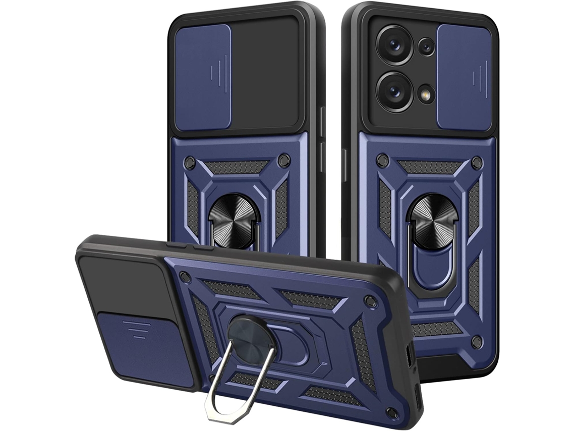 Capa Proteção Câmera Deslizante Anel para Oppo Reno 8 5G HONGWE. Anti-Choque com Anel de Suporte Azul