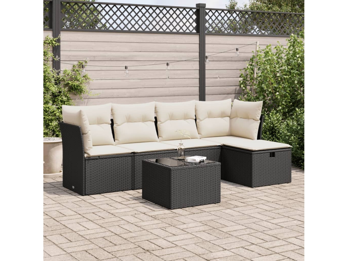 Vidaxl 6 Pcs Conjunto Sofás De Jardim C/ Almofadões Vime Pe Preto