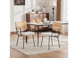 Conjunto 2 Cadeiras Jantar, Chenile, Braços, Estrutura Maciça, Rattan, Pés Metálicos Ajustáveis - Ivory.