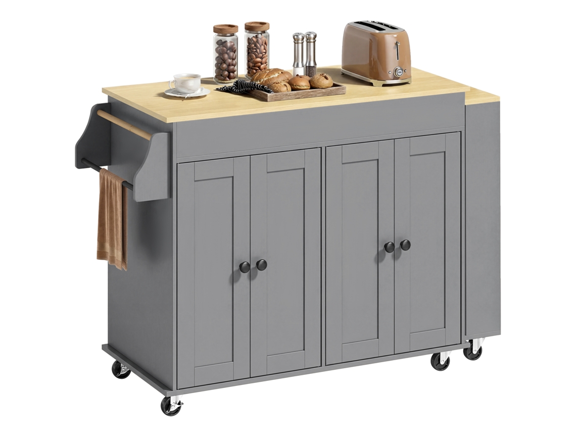 Ilha de Cozinha com Rodas, Bancada Extensível, 4 Portas, Prateleiras Ajustáveis, Suporte de Temperos e Toalhas, Cinza