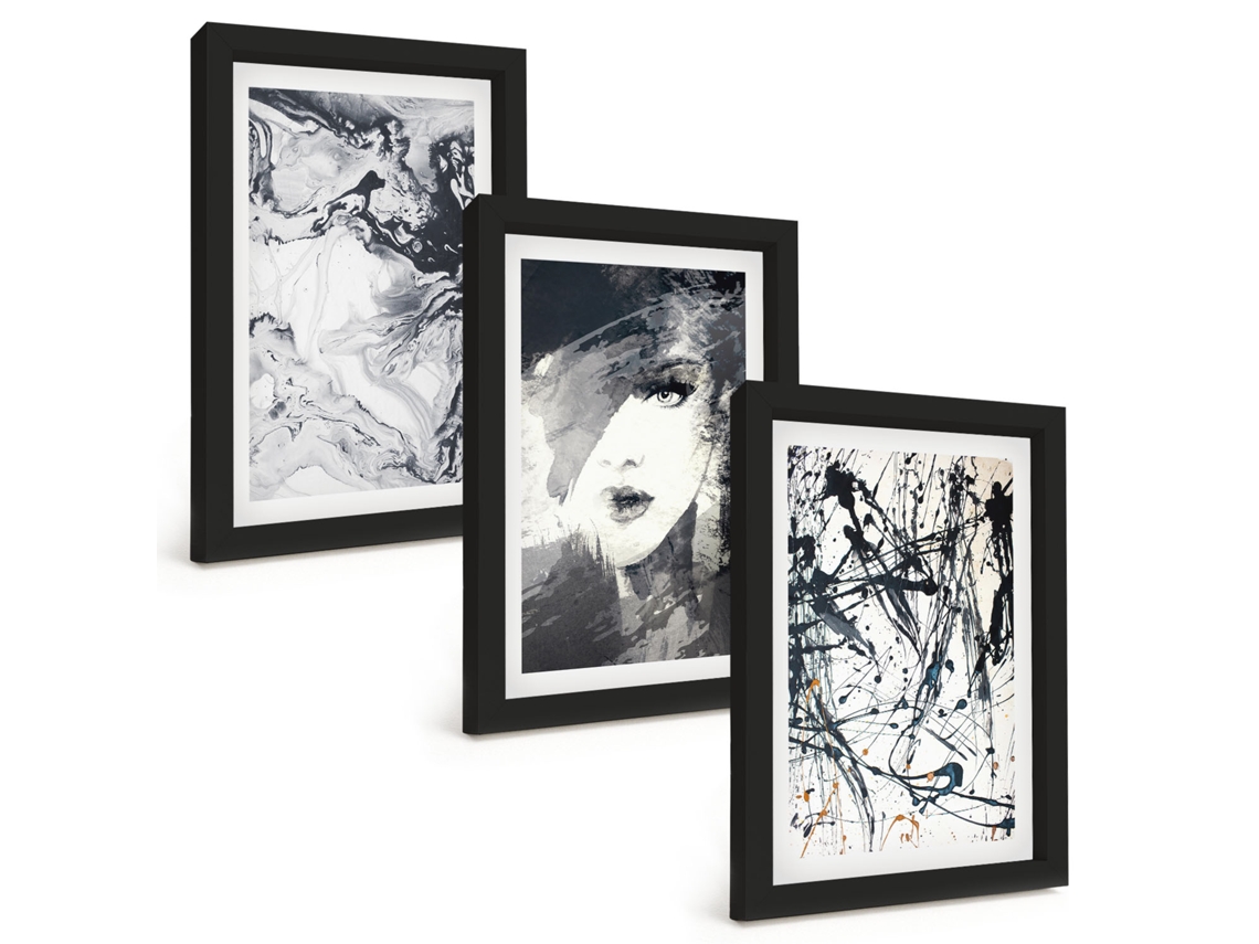 Composição De Quadros Padrões Abstratos Em Preto E Branco Moldura Preta Imagens Para Um Quarto Infantil Espelharte (3 Peças 20x30 Cm)