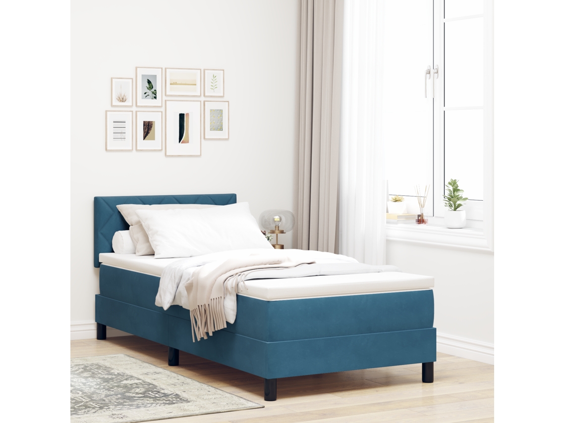 Cama Box Com Colchão Azul Escuro 100x200 Cm Veludo